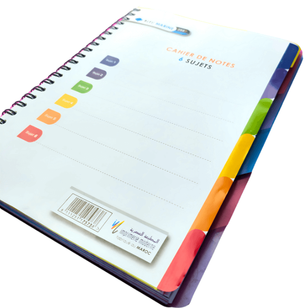 Cahier spirale 6 sujets A5 – 288 pages, petits carreaux, 80 g